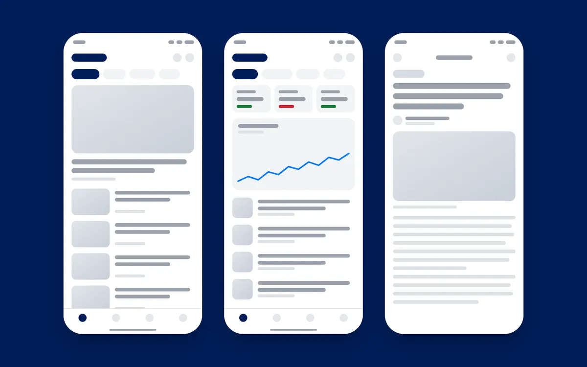 Wireframes of three CNBC Indonesia Android screens (news feed, market data, and article) on CNBC Indonesia navy.