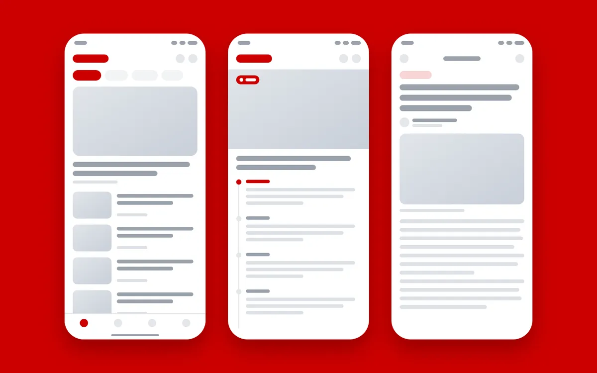 Wireframes of three CNN Indonesia Android screens (news feed, live report, and article) on CNN red.