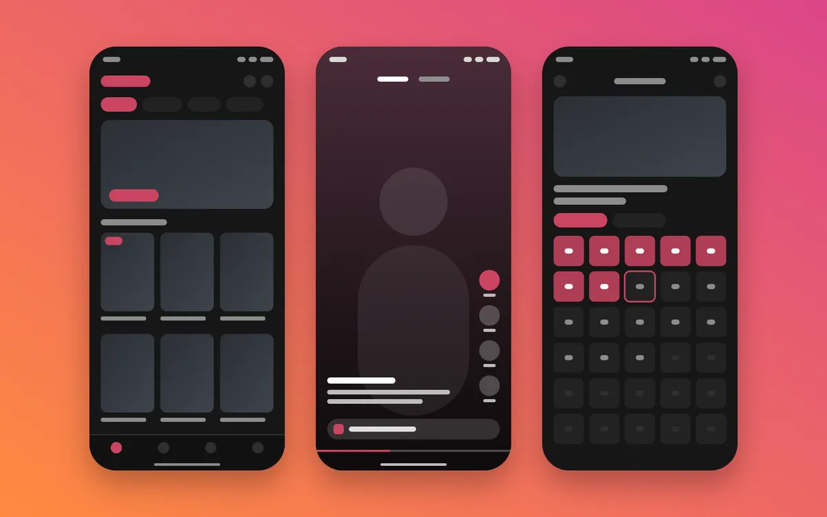 Wireframes of three V+ Short screens (home, video player, and episode list) on the app’s orange-to-pink gradient.