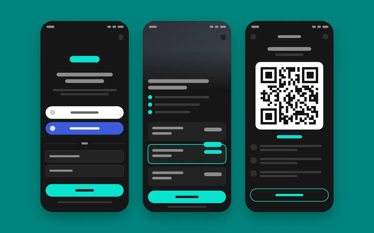 Wireframes of three Vision+ BSS SDK screens (sign-in, paywall, and QR code checkout) on Vision+ dark teal.